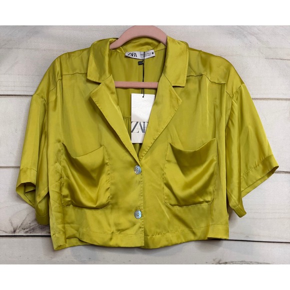 Zara Chartreuse Lime Green Satin Cropped Shirt Short Sleeve Button Up 3666/155 M - Picture 1 of 6